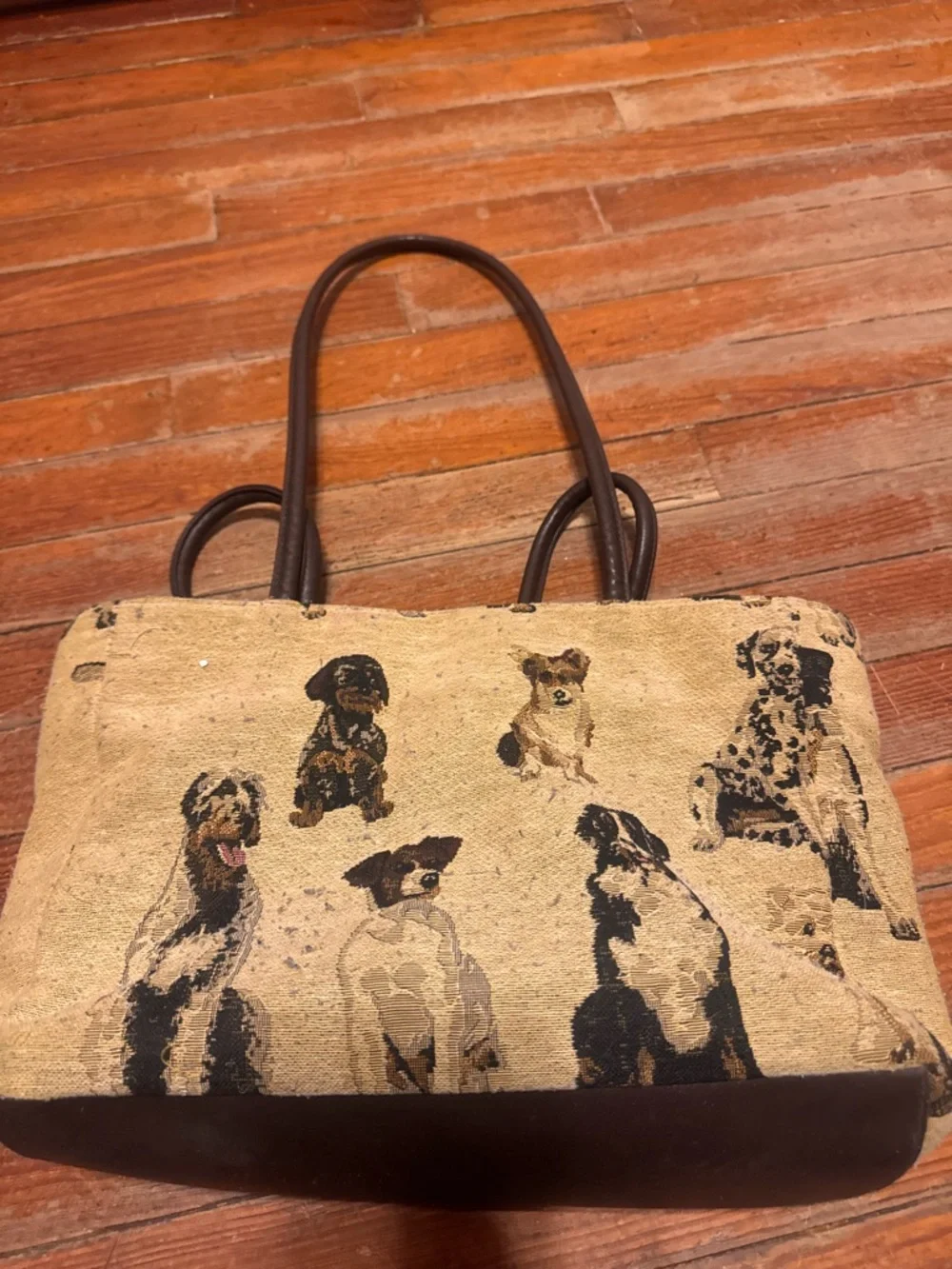 Dog Print Tote Bag with Brown Trim purse shoulder bag - Picture 2 of 4